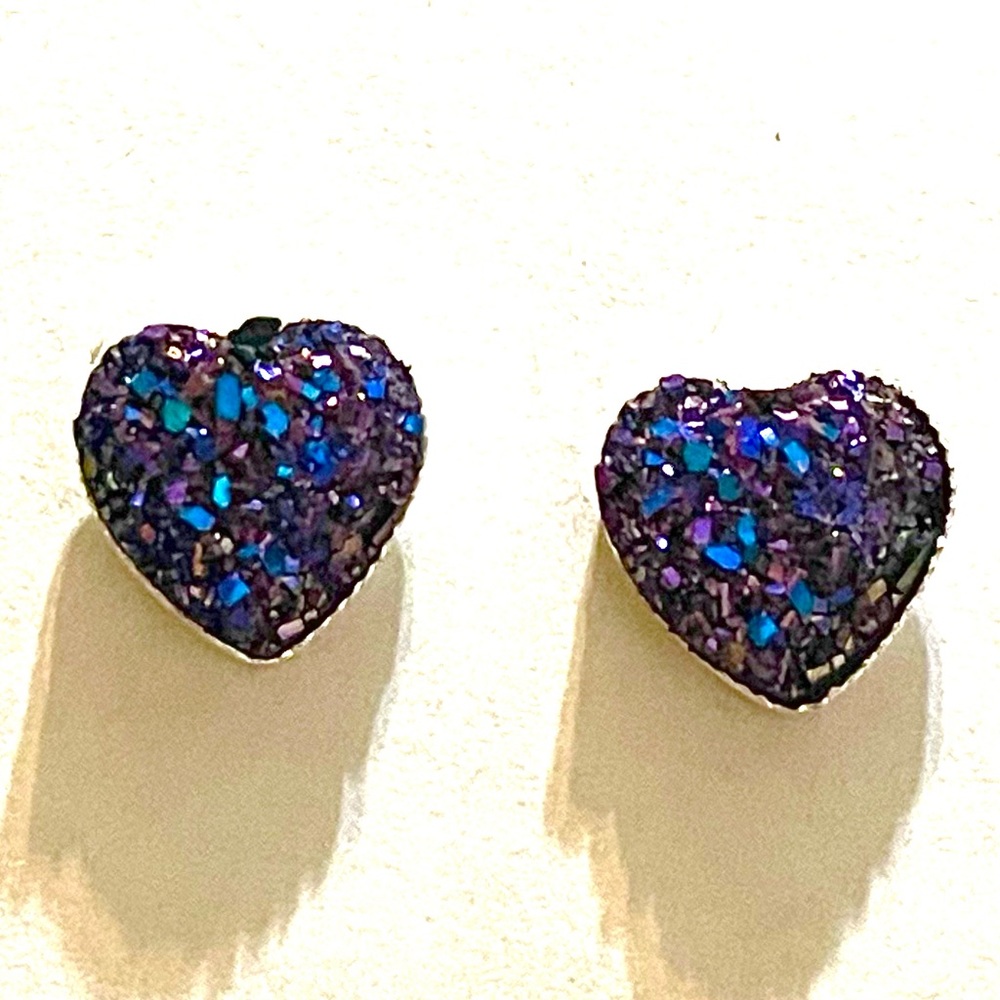 Blue & Purple Druzy Heart Stud Earrings